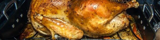 image of a turkey dinner in the oven